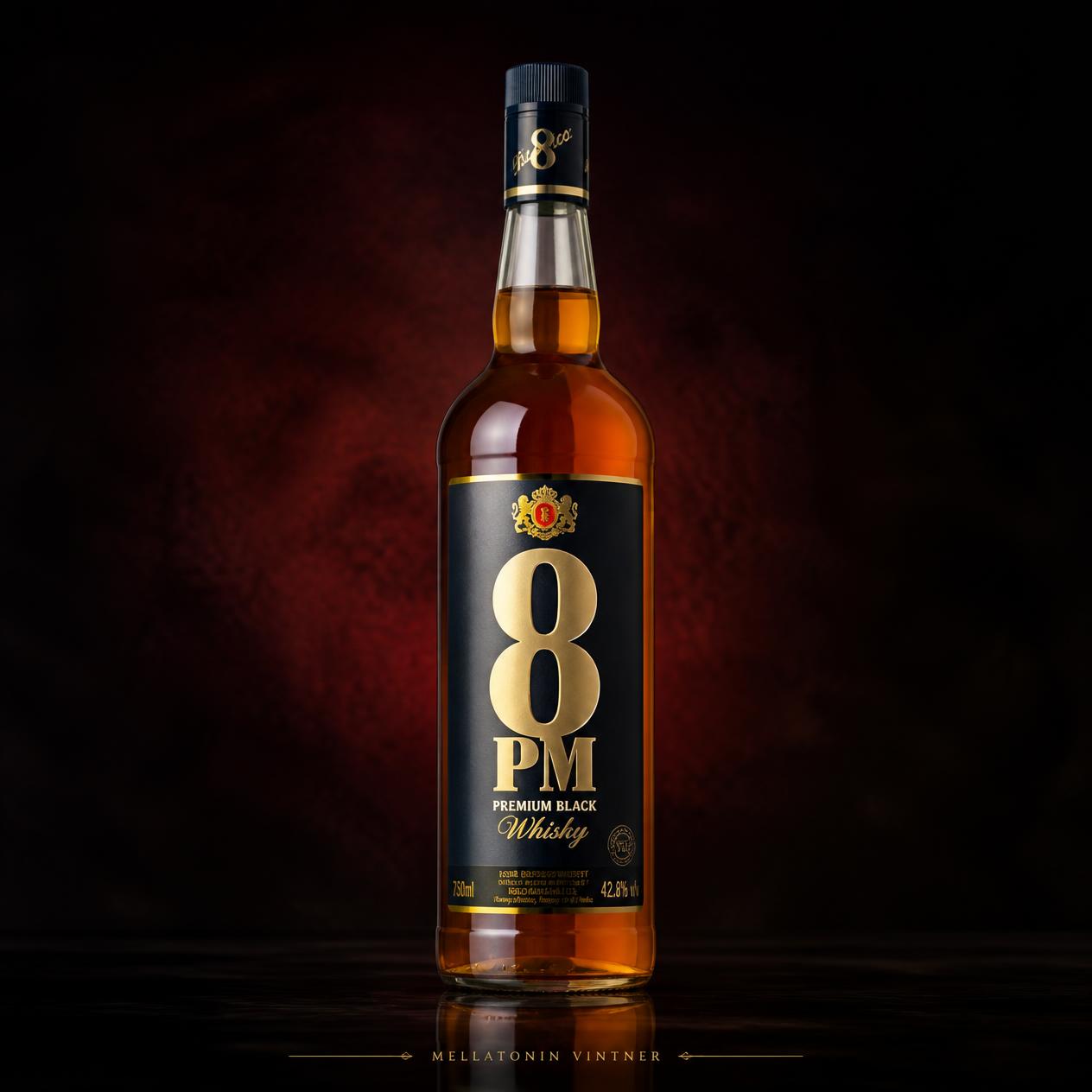 8 PM Premium Black Whisky bottle with gold 8 PM logo and red crest label