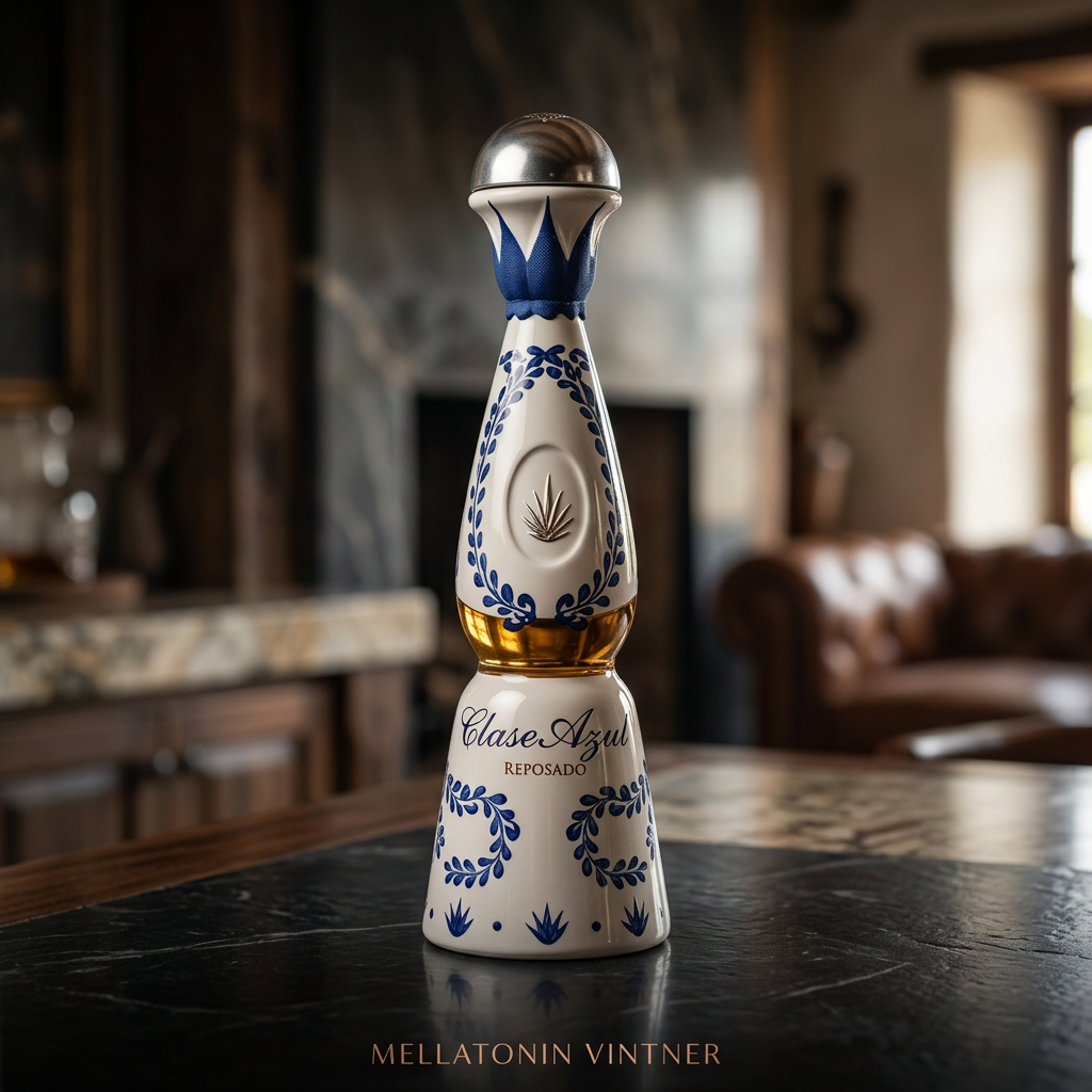 Clase Azul Reposado tequila bottle, cream ceramic with blue painted details and gold agave symbol