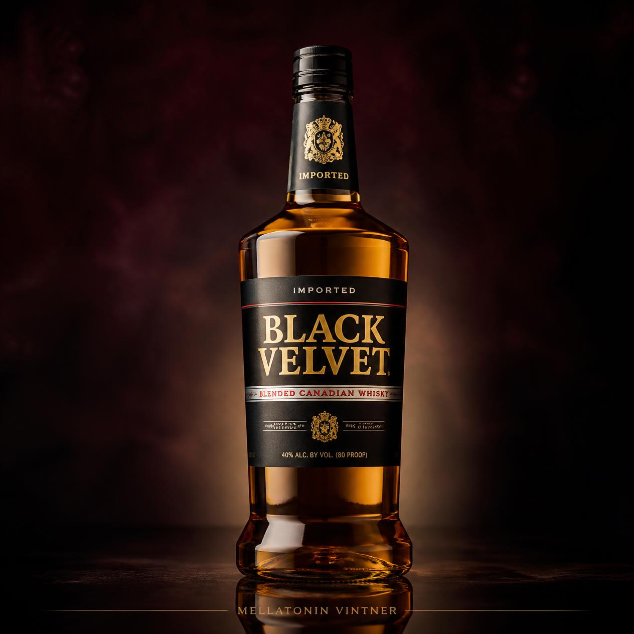 Black Velvet blended Canadian whisky bottle with black label and gold brand name