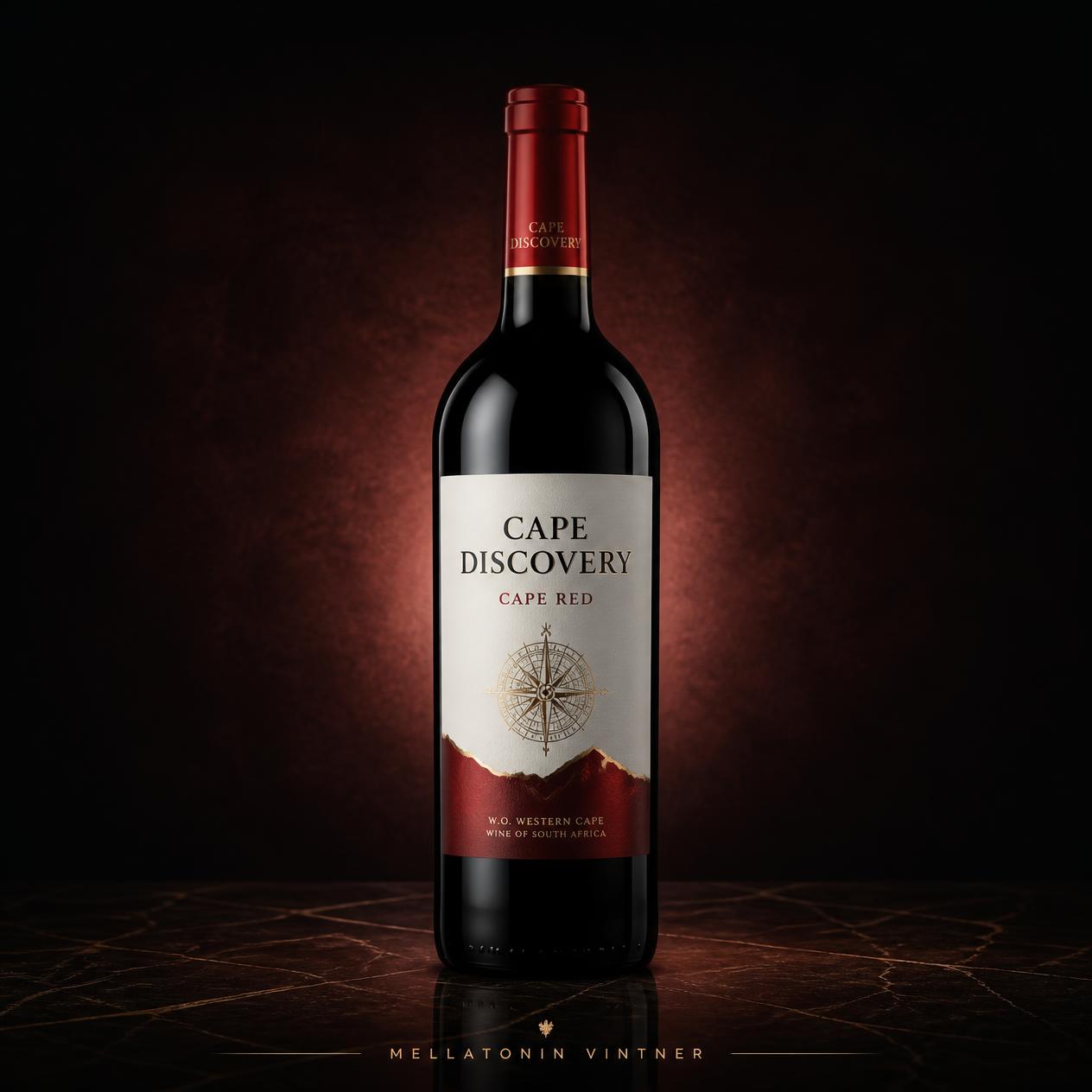 Cape Discovery Cape Red wine bottle with compass rose label, Western Cape, South Africa