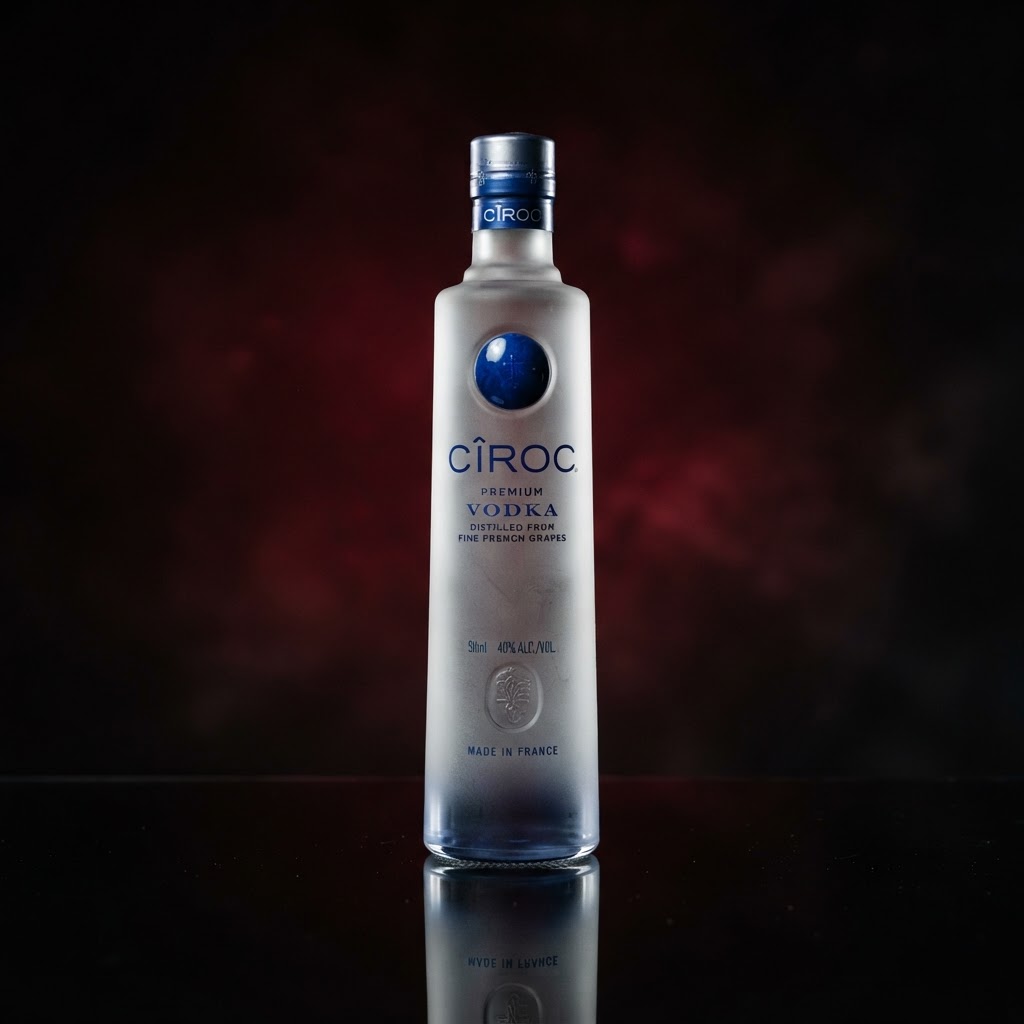 Cîroc premium vodka bottle with frosted glass and blue and white label