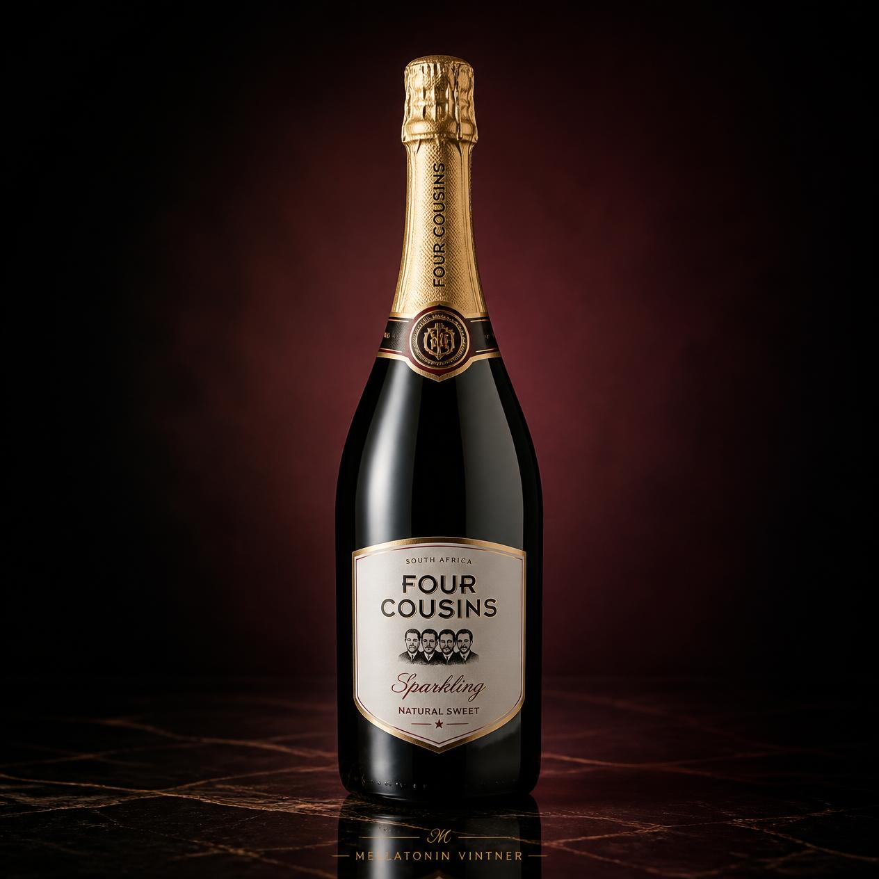 Four Cousins Sparkling Natural Sweet wine bottle with gold foil neck, South Africa