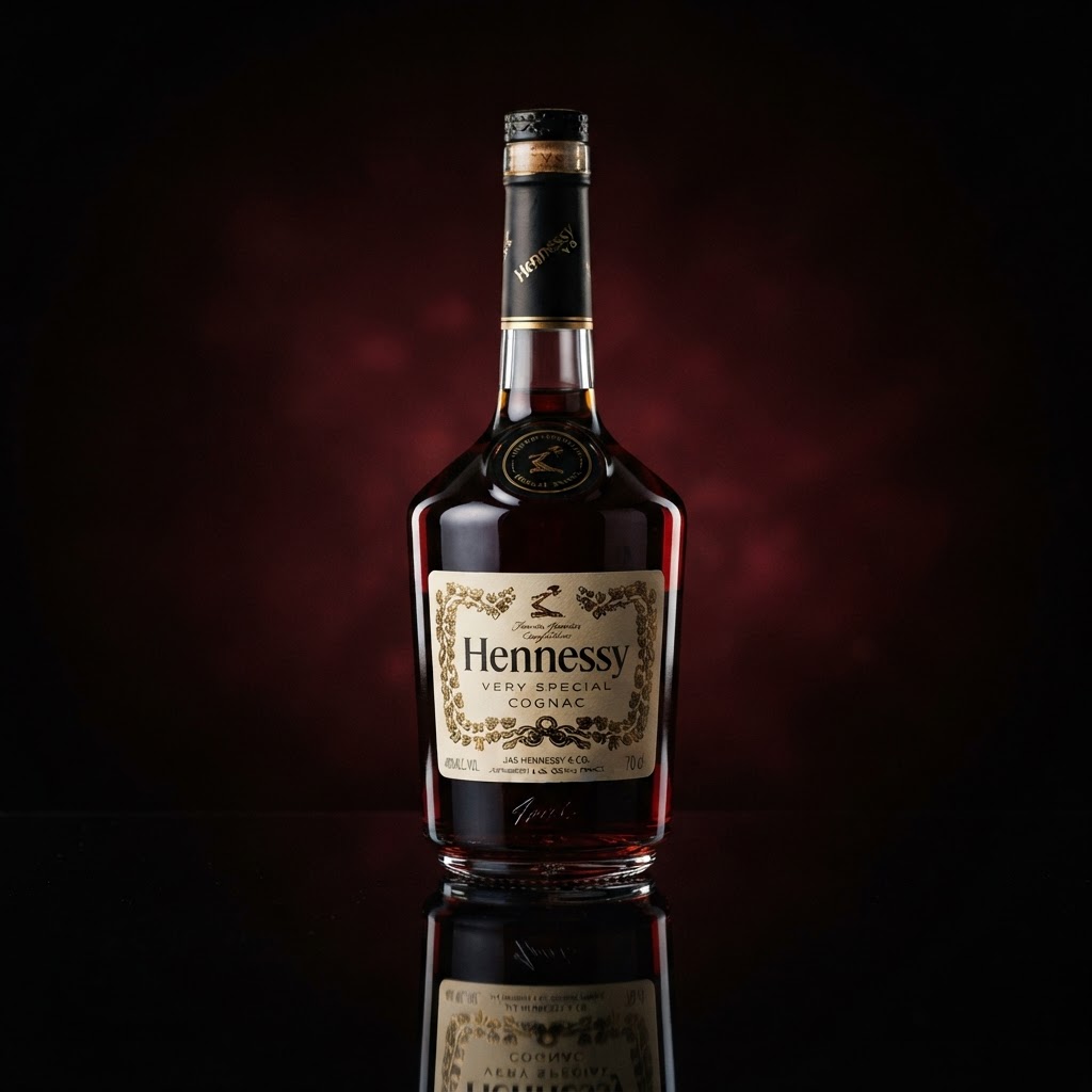 Hennessy VS cognac bottle with iconic Jasmin arm and halberd crest label