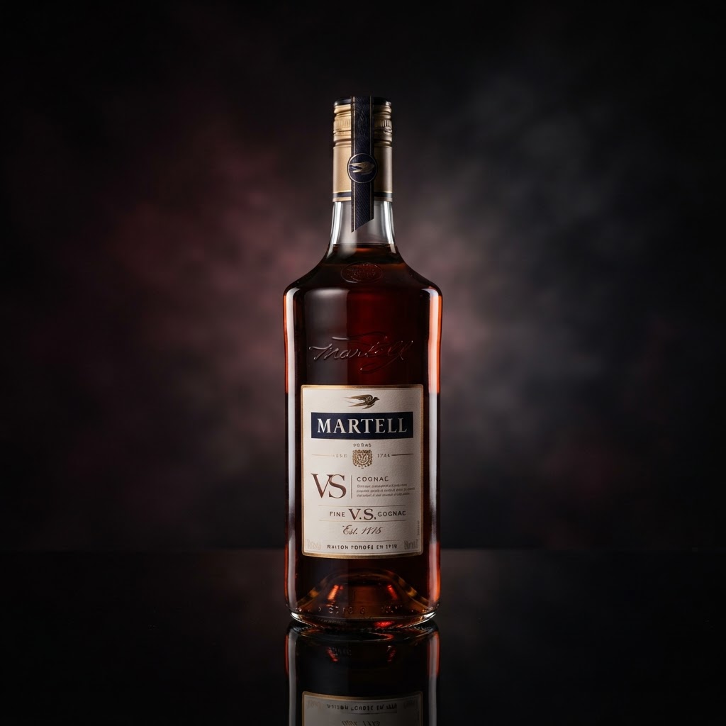 Martell cognac bottle with swift bird medallion logo, amber liquid