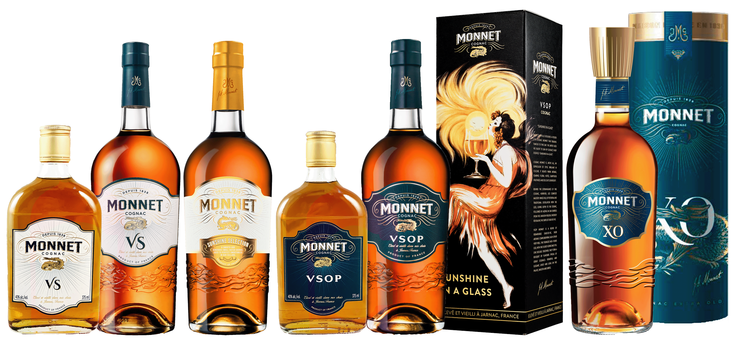 Monnet Cognac bottle with elegant amber liquid and historic French cognac branding