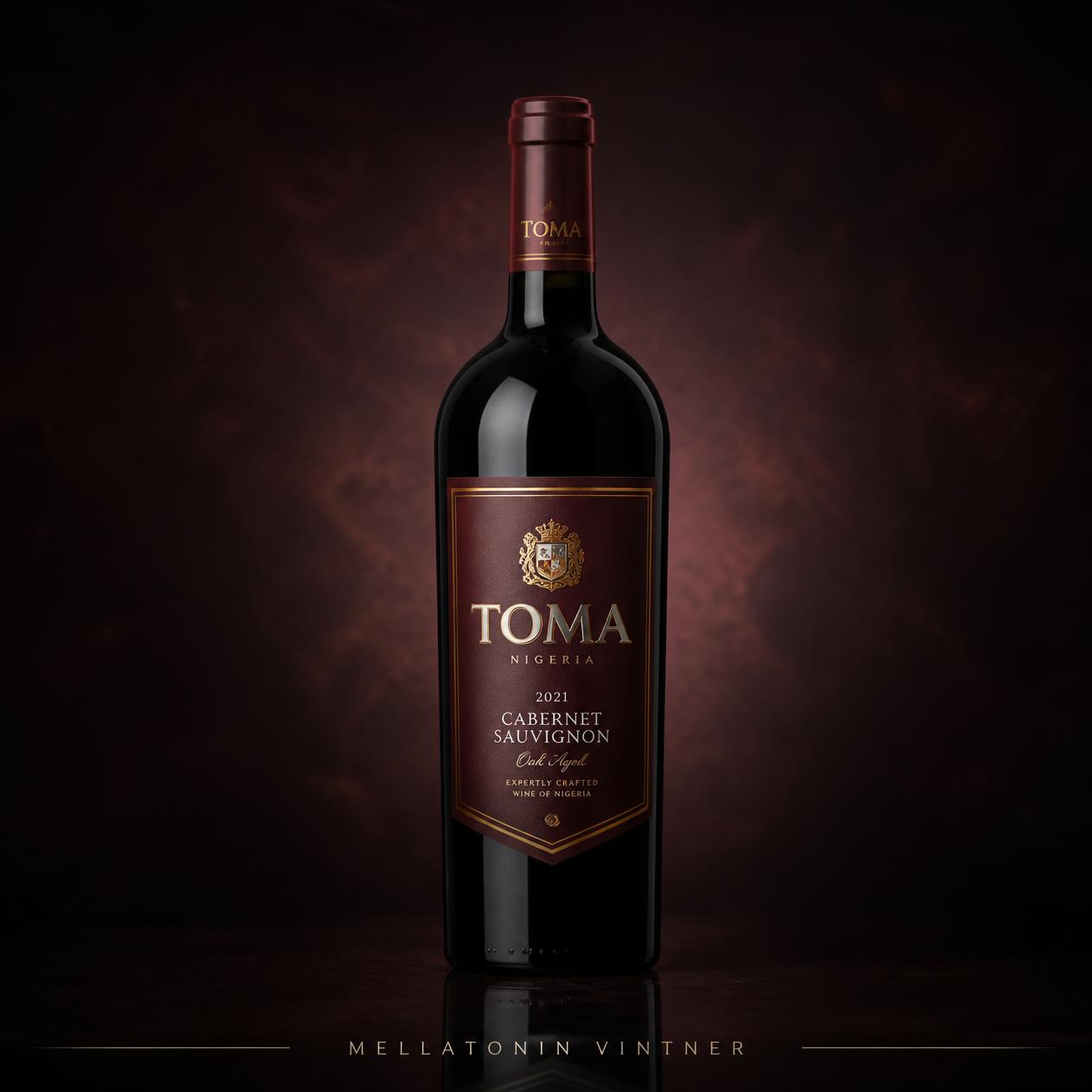 Toma Cabernet Sauvignon 2021 wine bottle with gold crest label, oak aged, Nigeria
