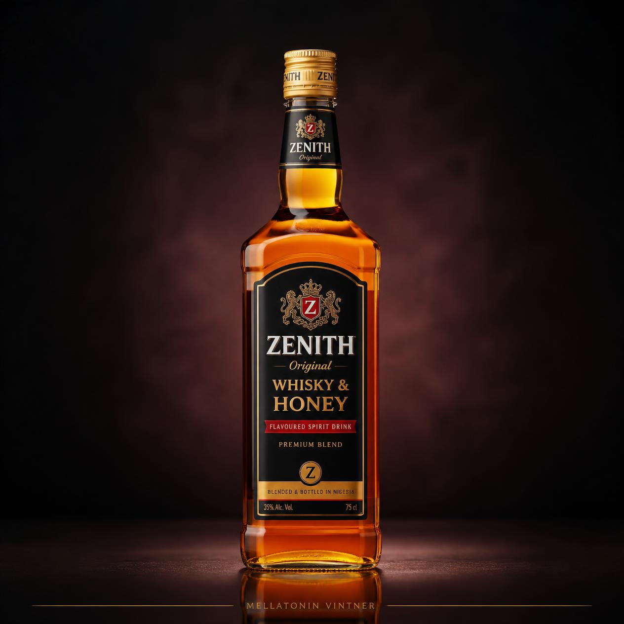 Zenith Whisky & Honey bottle with black label, gold Z crest, Nigerian made
